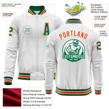 Load image into Gallery viewer, Custom White Kelly Green-Orange Bomber Varsity Letterman Zipper Jacket