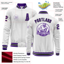 Load image into Gallery viewer, Custom White Purple-Black Bomber Varsity Letterman Zipper Jacket