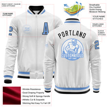 Load image into Gallery viewer, Custom White Light Blue-Black Bomber Varsity Letterman Zipper Jacket