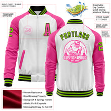 Load image into Gallery viewer, Custom White Neon Green Black-Pink Bomber Varsity Letterman Two Tone Zipper Jacket