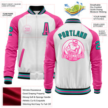 Load image into Gallery viewer, Custom White Aqua Black-Pink Bomber Varsity Letterman Two Tone Zipper Jacket