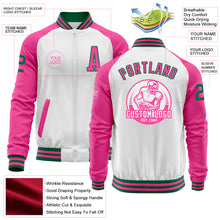 Load image into Gallery viewer, Custom White Kelly Green-Pink Bomber Varsity Letterman Two Tone Zipper Jacket