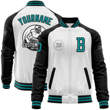 Load image into Gallery viewer, Custom White Teal-Black Bomber Varsity Letterman Two Tone Zipper Jacket