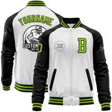 Load image into Gallery viewer, Custom White Neon Green-Black Bomber Varsity Letterman Two Tone Zipper Jacket