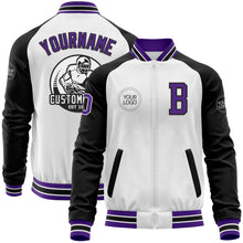 Load image into Gallery viewer, Custom White Purple-Black Bomber Varsity Letterman Two Tone Zipper Jacket
