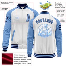 Load image into Gallery viewer, Custom White Navy-Light Blue Bomber Varsity Letterman Two Tone Zipper Jacket