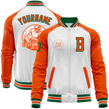 Load image into Gallery viewer, Custom White Kelly Green-Orange Bomber Varsity Letterman Two Tone Zipper Jacket