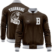 Load image into Gallery viewer, Custom Brown White-Gray Bomber Varsity Letterman Zipper Jacket