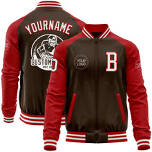 Load image into Gallery viewer, Custom Brown White-Red Bomber Varsity Letterman Two Tone Zipper Jacket