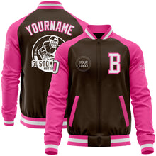 Load image into Gallery viewer, Custom Brown White-Pink Bomber Varsity Letterman Two Tone Zipper Jacket