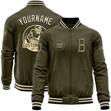 Load image into Gallery viewer, Custom Olive Camo Black-Cream Bomber Varsity Letterman Salute To Service Zipper Jacket