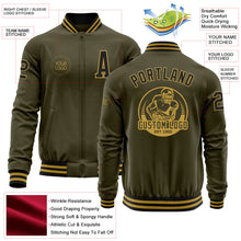 Load image into Gallery viewer, Custom Olive Black-Old Gold Bomber Varsity Letterman Salute To Service Zipper Jacket