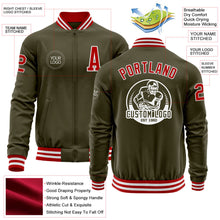 Load image into Gallery viewer, Custom Olive Red-White Bomber Varsity Letterman Salute To Service Zipper Jacket