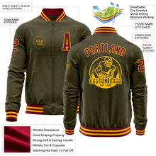 Load image into Gallery viewer, Custom Olive Crimson-Gold Bomber Varsity Letterman Salute To Service Zipper Jacket