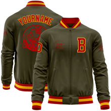 Load image into Gallery viewer, Custom Olive Red-Gold Bomber Varsity Letterman Salute To Service Zipper Jacket