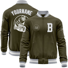 Load image into Gallery viewer, Custom Olive White-Gray Bomber Varsity Letterman Salute To Service Zipper Jacket