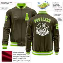 Load image into Gallery viewer, Custom Olive Neon Green-White Bomber Varsity Letterman Salute To Service Zipper Jacket