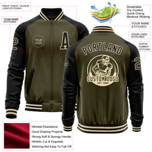 Load image into Gallery viewer, Custom Olive Black-Cream Bomber Varsity Letterman Two Tone Salute To Service Zipper Jacket