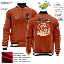 Load image into Gallery viewer, Custom Texas Orange Vintage USA Flag Black-Cream Bomber Varsity Letterman Zipper Jacket
