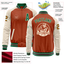 Load image into Gallery viewer, Custom Texas Orange Kelly Green Cream-Black Bomber Varsity Letterman Two Tone Zipper Jacket