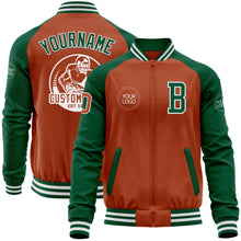 Load image into Gallery viewer, Custom Texas Orange White-Kelly Green Bomber Varsity Letterman Two Tone Zipper Jacket