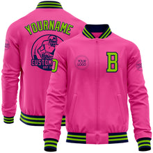 Load image into Gallery viewer, Custom Pink Neon Green-Navy Bomber Varsity Letterman Zipper Jacket