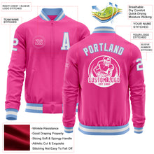 Load image into Gallery viewer, Custom Pink White-Light Blue Bomber Varsity Letterman Zipper Jacket