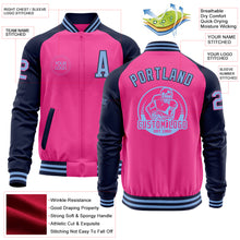 Load image into Gallery viewer, Custom Pink Light Blue-Navy Bomber Varsity Letterman Two Tone Zipper Jacket