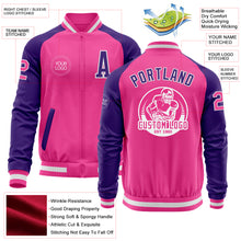 Load image into Gallery viewer, Custom Pink White-Purple Bomber Varsity Letterman Two Tone Zipper Jacket