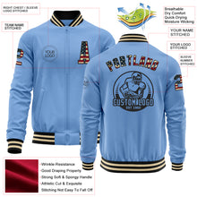 Load image into Gallery viewer, Custom Light Blue Vintage USA Flag Black-Cream Bomber Varsity Letterman Zipper Jacket