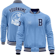 Load image into Gallery viewer, Custom Light Blue Navy-White Bomber Varsity Letterman Zipper Jacket