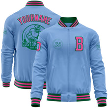 Load image into Gallery viewer, Custom Light Blue Pink-Kelly Green Bomber Varsity Letterman Zipper Jacket