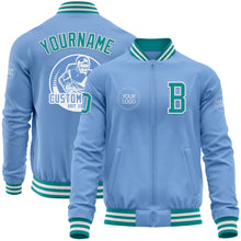 Load image into Gallery viewer, Custom Light Blue Teal-White Bomber Varsity Letterman Zipper Jacket