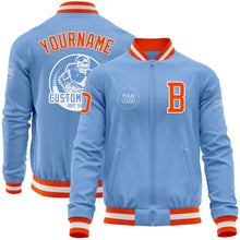 Load image into Gallery viewer, Custom Light Blue Orange-White Bomber Varsity Letterman Zipper Jacket