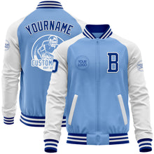 Load image into Gallery viewer, Custom Light Blue Royal-White Bomber Varsity Letterman Two Tone Zipper Jacket