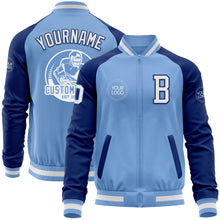 Load image into Gallery viewer, Custom Light Blue White-Royal Bomber Varsity Letterman Two Tone Zipper Jacket
