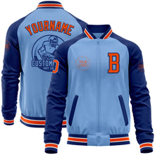 Load image into Gallery viewer, Custom Light Blue Orange-Royal Bomber Varsity Letterman Two Tone Zipper Jacket