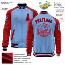 Load image into Gallery viewer, Custom Light Blue Navy-Red Bomber Varsity Letterman Two Tone Zipper Jacket