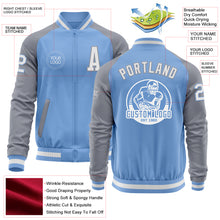 Load image into Gallery viewer, Custom Light Blue White-Gray Bomber Varsity Letterman Two Tone Zipper Jacket
