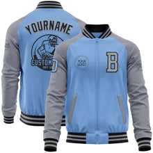 Load image into Gallery viewer, Custom Light Blue Black-Gray Bomber Varsity Letterman Two Tone Zipper Jacket