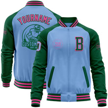 Load image into Gallery viewer, Custom Light Blue Pink-Kelly Green Bomber Varsity Letterman Two Tone Zipper Jacket
