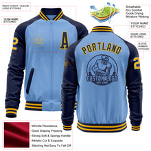 Load image into Gallery viewer, Custom Light Blue Gold-Navy Bomber Varsity Letterman Two Tone Zipper Jacket