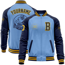 Load image into Gallery viewer, Custom Light Blue Gold-Navy Bomber Varsity Letterman Two Tone Zipper Jacket