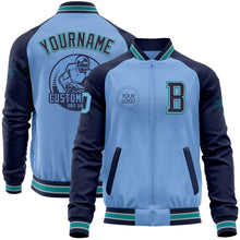 Load image into Gallery viewer, Custom Light Blue Teal Navy-Gray Bomber Varsity Letterman Two Tone Zipper Jacket