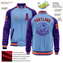 Load image into Gallery viewer, Custom Light Blue Orange-Purple Bomber Varsity Letterman Two Tone Zipper Jacket