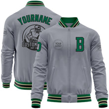 Load image into Gallery viewer, Custom Gray Kelly Green Black-Cream Bomber Varsity Letterman Zipper Jacket