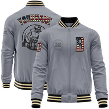 Load image into Gallery viewer, Custom Gray Vintage USA Flag Black-Cream Bomber Varsity Letterman Zipper Jacket