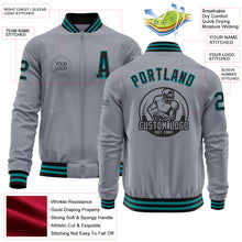 Load image into Gallery viewer, Custom Gray Black-Teal Bomber Varsity Letterman Zipper Jacket