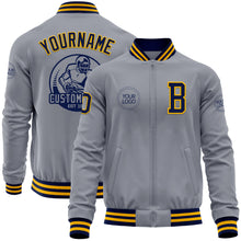 Load image into Gallery viewer, Custom Gray Navy-Gold Bomber Varsity Letterman Zipper Jacket