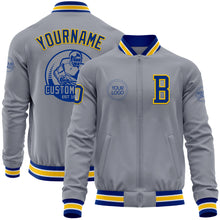 Load image into Gallery viewer, Custom Gray Royal-Yellow Bomber Varsity Letterman Zipper Jacket